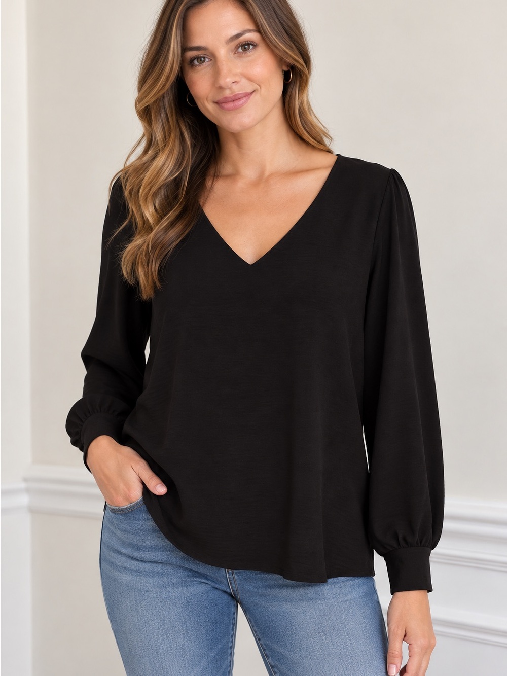 Adyson Parker Black V-Neck Long Sleeve Blouse